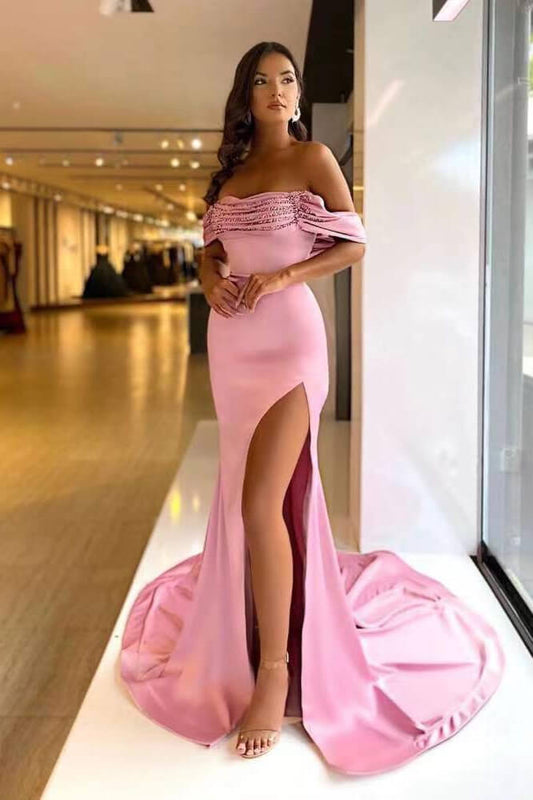 Pink Purple Off-The-Shoulder Mermaid Prom Dress Long Beads With Split