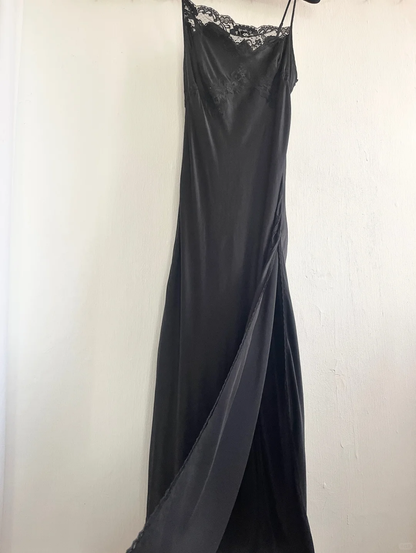 Simple A Line Spaghetti Strap Lace Satin Party Dress Wedding Guest Dress with Slit SH3901