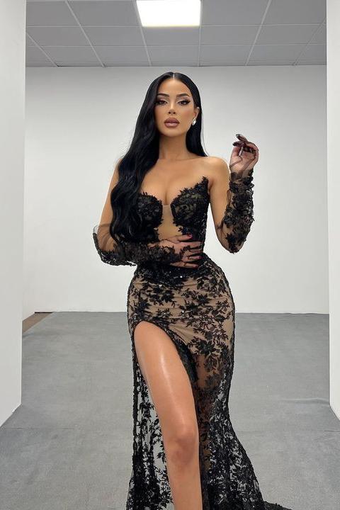 Charming Black Applique Lace Long Sleeves Strapless Long Prom Dress with Split