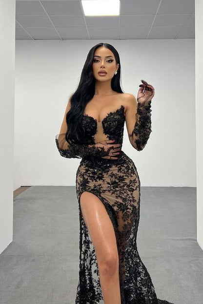Charming Black Applique Lace Long Sleeves Strapless Long Prom Dress with Split