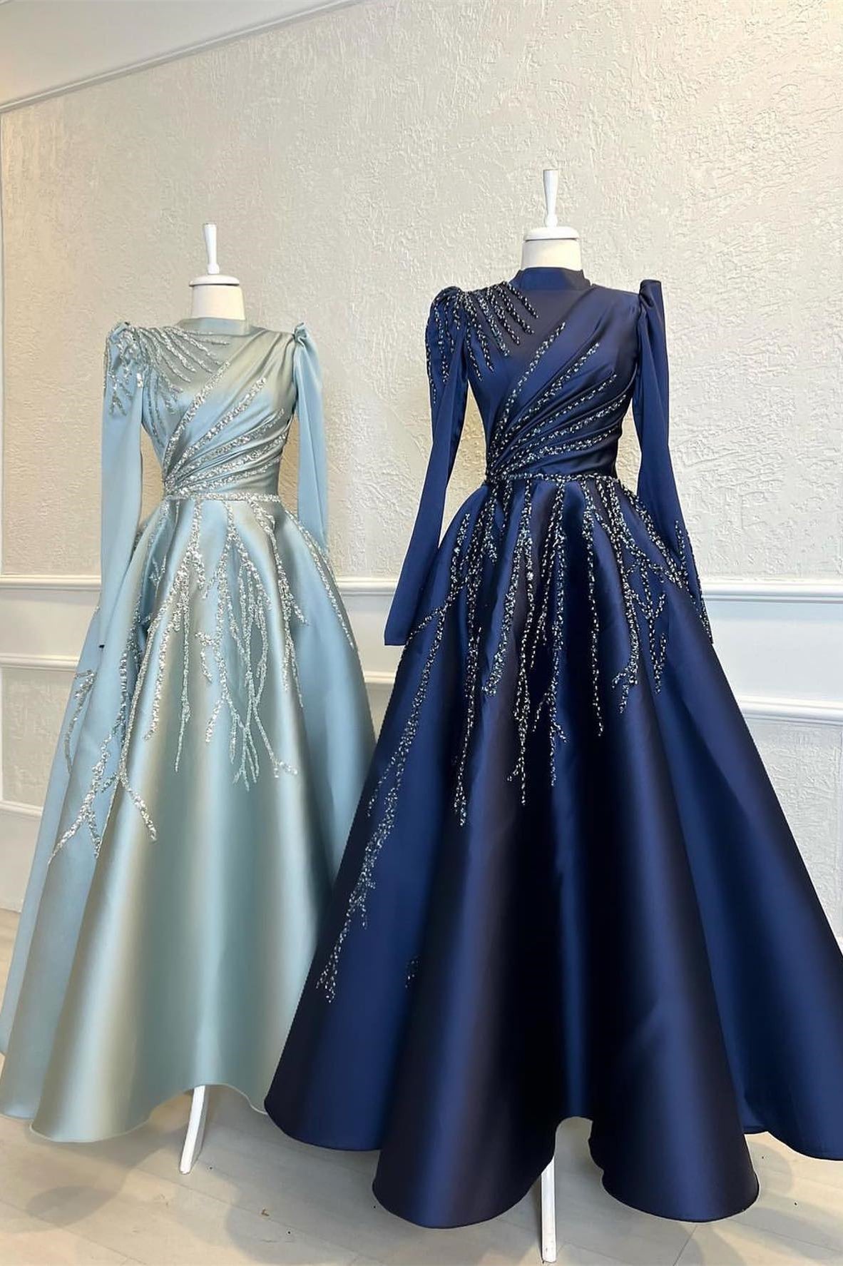 High Collar Long Sleeves A-Line Beads Prom Dress With Pleated Appliques