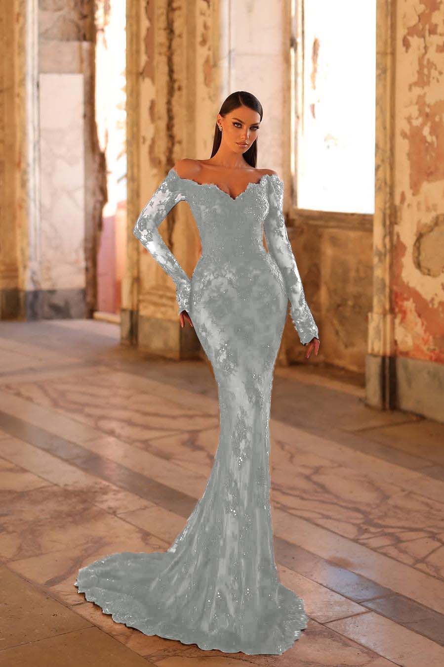 Elegant Black Lace Long Sleeves Off the Shoulder Mermaid Long Prom Dress with Beadings