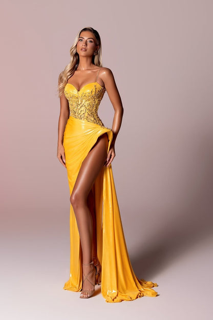 Luxury Mermaid Slit Spaghetti Strap Sleeveless Beaded Long Dress With Sweetheart