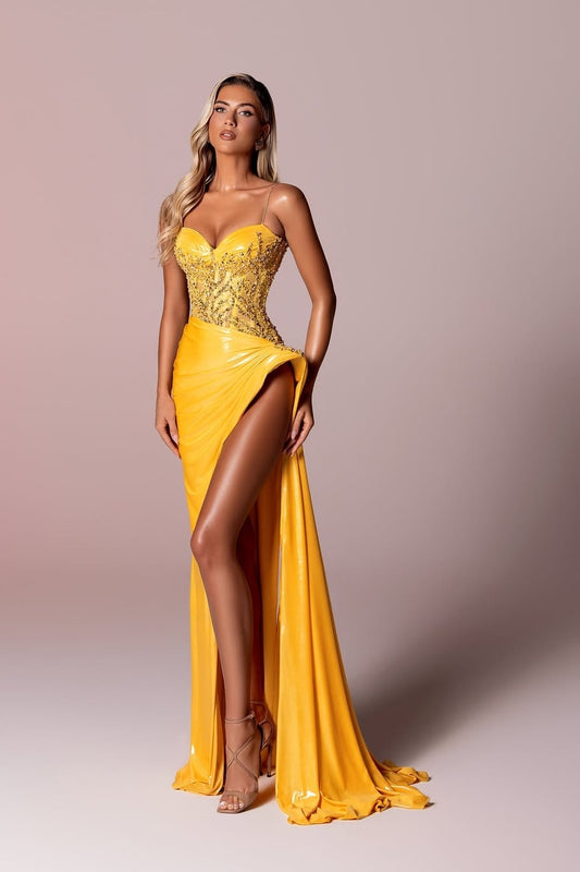 Luxury Mermaid Slit Spaghetti Strap Sleeveless Beaded Long Dress With Sweetheart