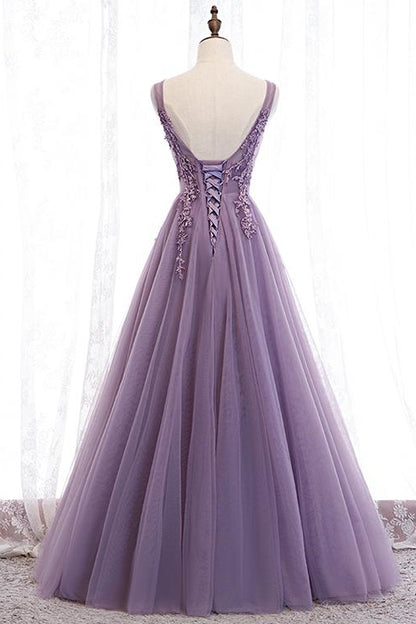Purple Applique Long A-line Prom Dress With V-Neck Open Back