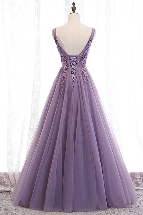 Purple Applique Long A-line Prom Dress With V-Neck Open Back