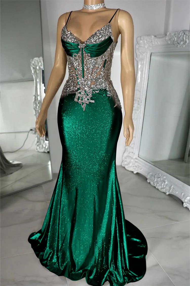 Spaghetti Strap Sleeveless V-Neck Mermaid Long Prom Dress With Sequins