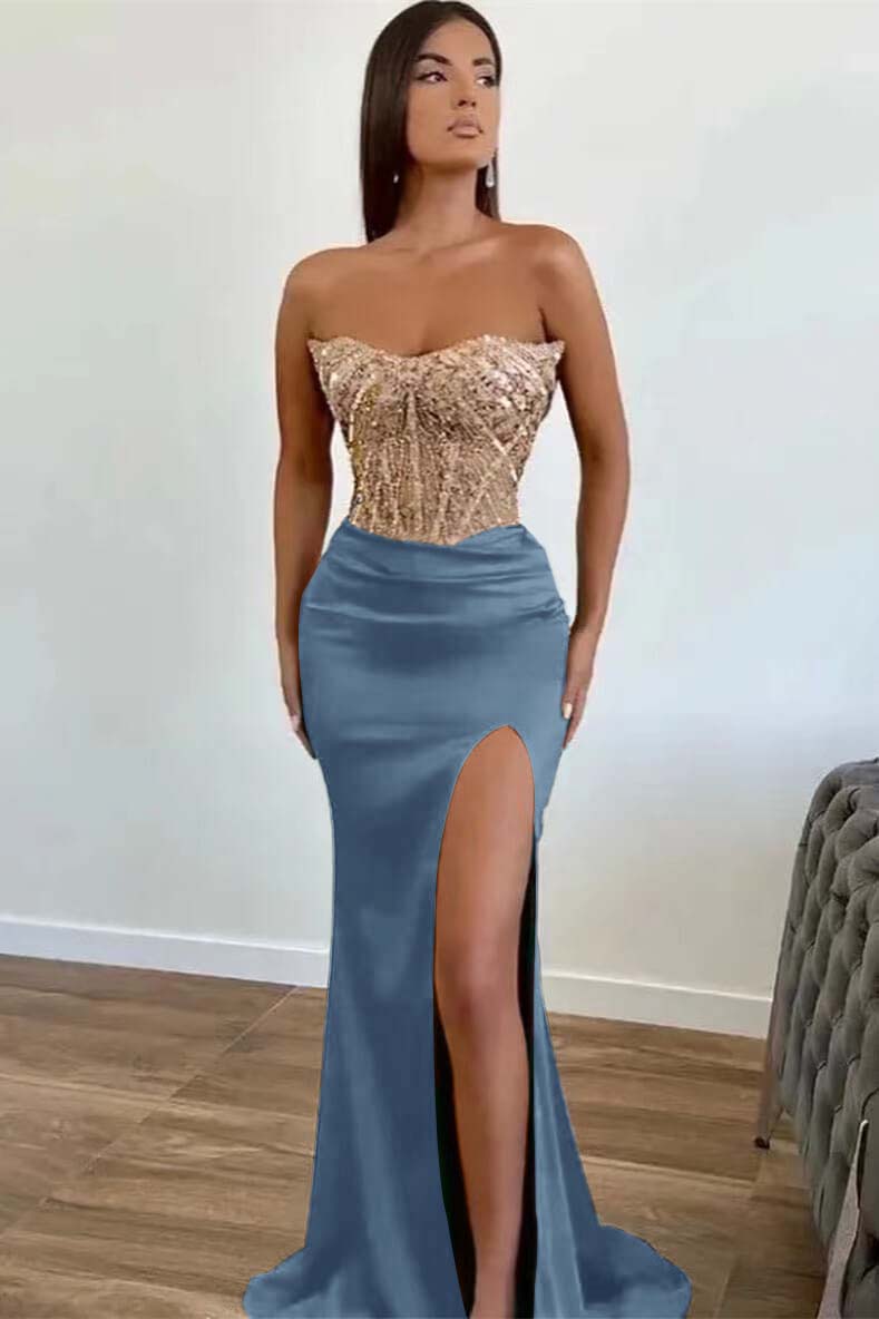 Green Applique Beadings Mermaid Prom Dress Slit With Strapless