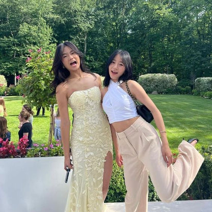 Pastel Yellow Sheath Strapless Applique Tulle Long Prom Dress With Side Slit SH1579