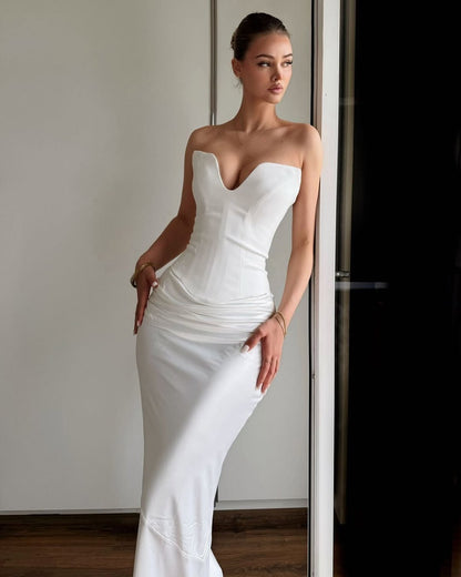 Charming White Satin Sleeveless V Neck Slim Long Prom Dress with Scarf
