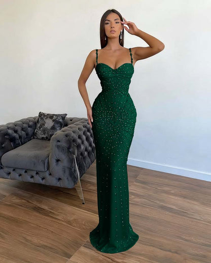 Chic Sleeveless Mermaid Beading Spaghetti Strap Black Prom Dress