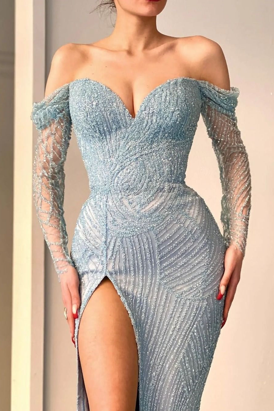 Blue Long Sleeves Off-The-Shoulder Sweetheart Sequins Evening Dress With Split Mermaid