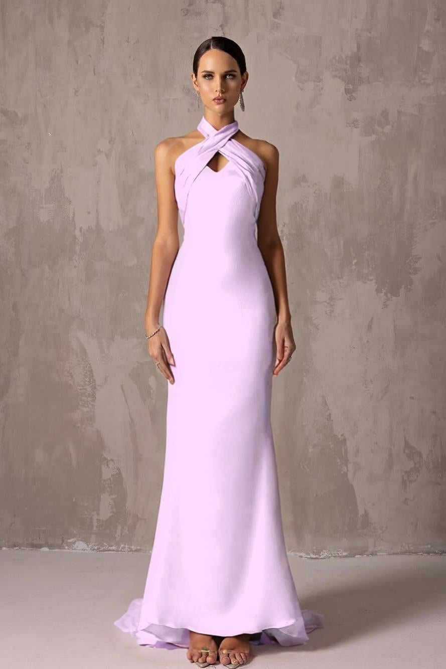 Elegant Blushing Pink Satin Halter Sleeveless Long Prom Dress with Pleated