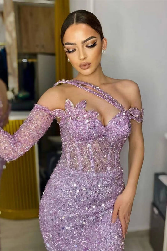Gorgeous Long Sleeves Lavender Sequins Prom Dress Mermaid
