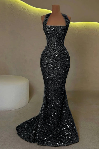 Gold Sleeveless Halter Straps Mermaid Prom Dress With Sequins