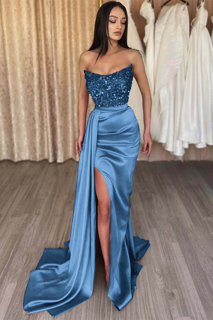 Red Strapless Elegant Long Sequins Prom Dress Mermaid Slit