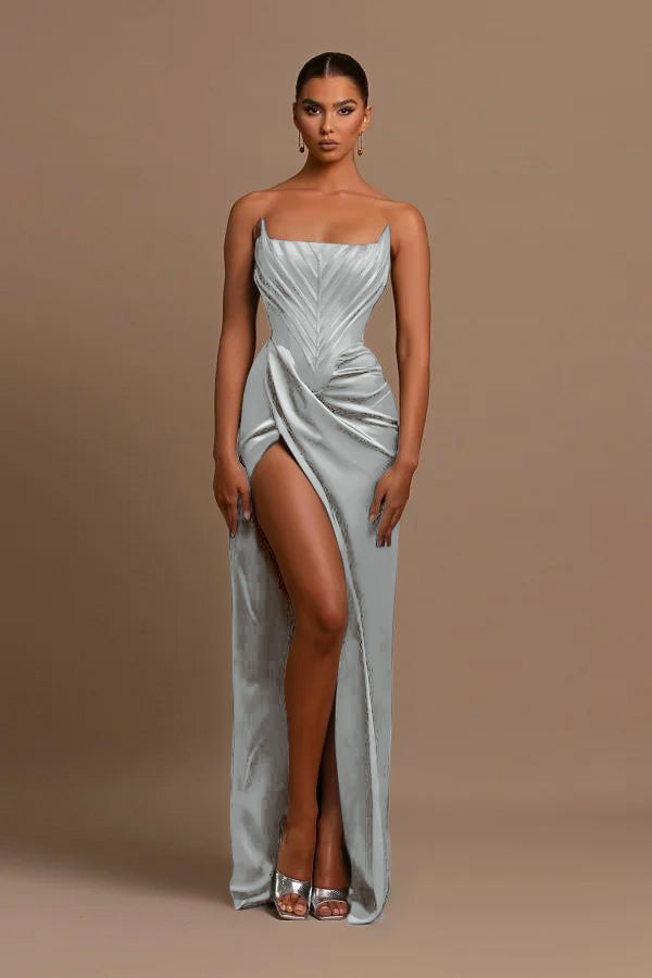 Elegant Dark Green Square Neck Slit Sleeveless Prom Dress With Pleats
