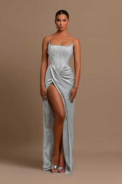 Elegant Dark Green Square Neck Slit Sleeveless Prom Dress With Pleats