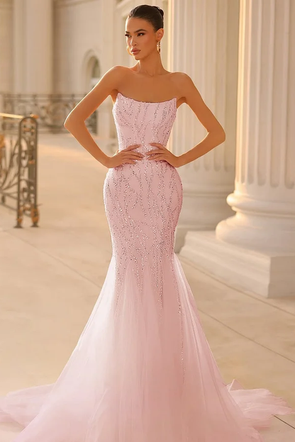 Pink Sleeveless Strapless Beads Embroidery Mermaid Prom Dress