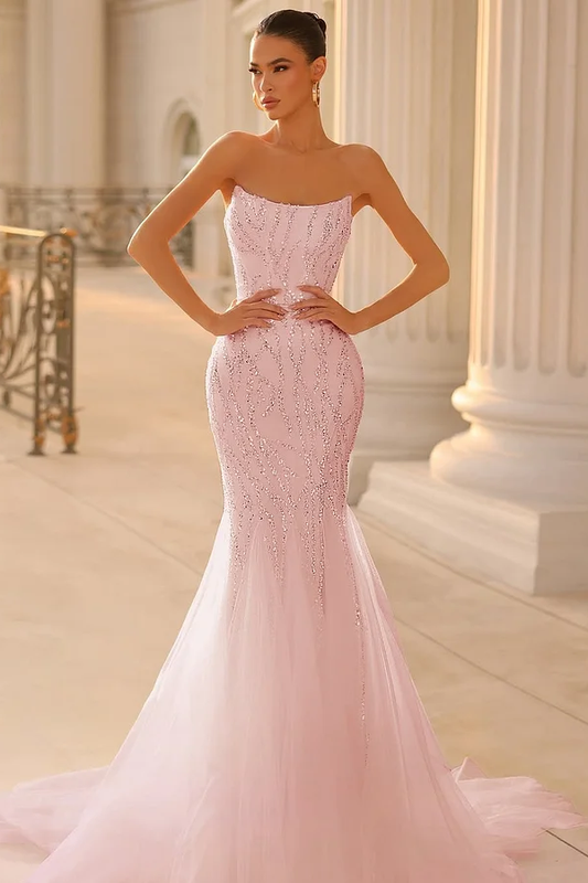 Pink Sleeveless Strapless Beads Embroidery Mermaid Prom Dress
