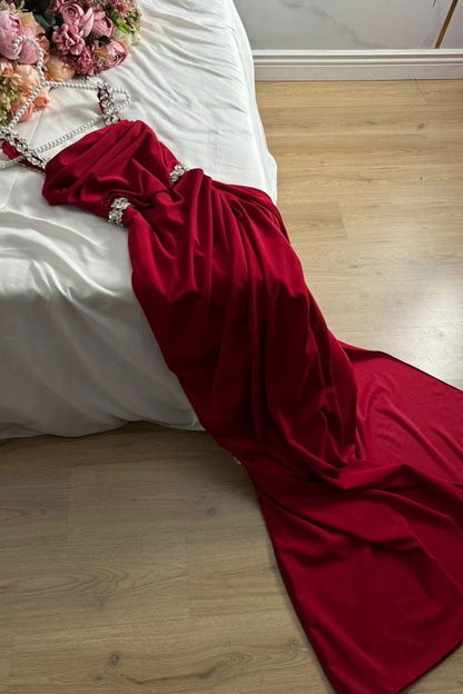Stunning Red Satin Spaghtti Strap Sleeveless Long Prom Dress with Beadings