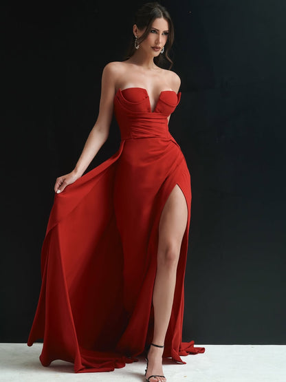 Red Elegant Sleeveless Strapless Mermaid Slit Prom Dress