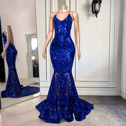 Mermaid Spaghetti-Straps Royal Blue Long Prom Dress With Sequins