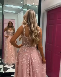Glamorous Pink Spaghetti Strap Embroidered Sleeveless Prom Dress
