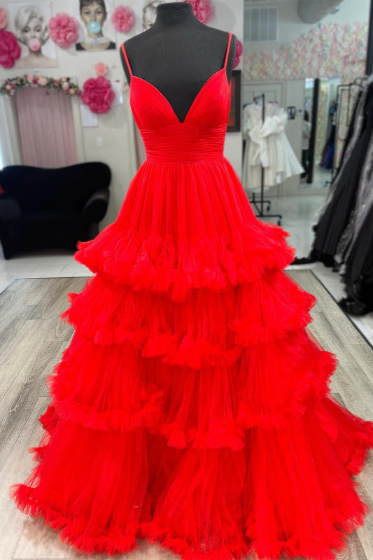 Red Ruffle Layers A-line Spaghetti Straps Deep V Long Prom Dress