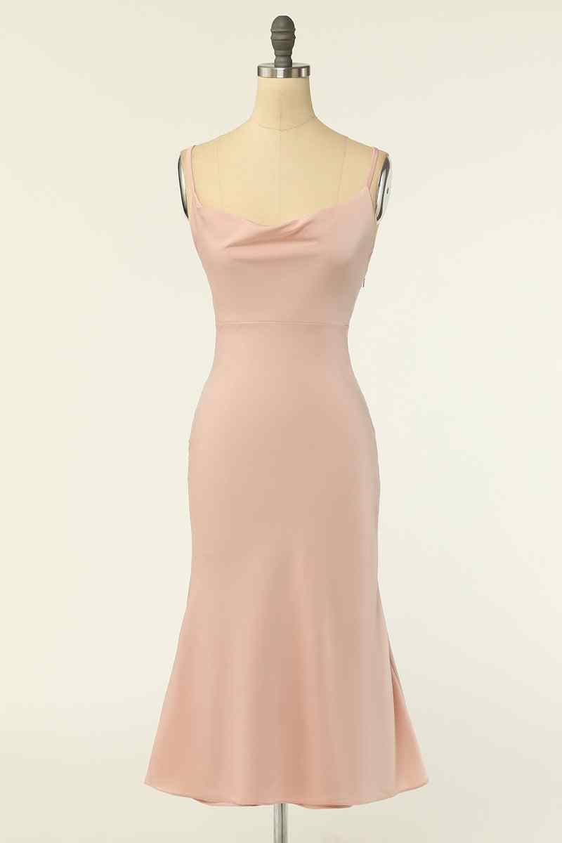 Blushing Pink Mermaid Cowl Neck Chiffon Lace-Up Back knee Length Bridesmaid Dress