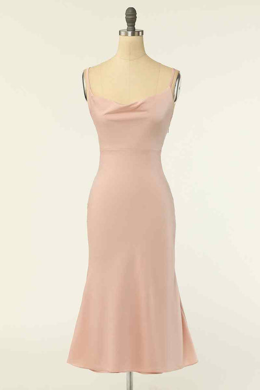 Blushing Pink Mermaid Cowl Neck Chiffon Lace-Up Back knee Length Bridesmaid Dress