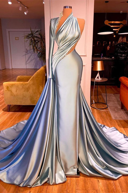 One-Shoulder Long Beadings Evening Dress Mermaid With Long Sleeves