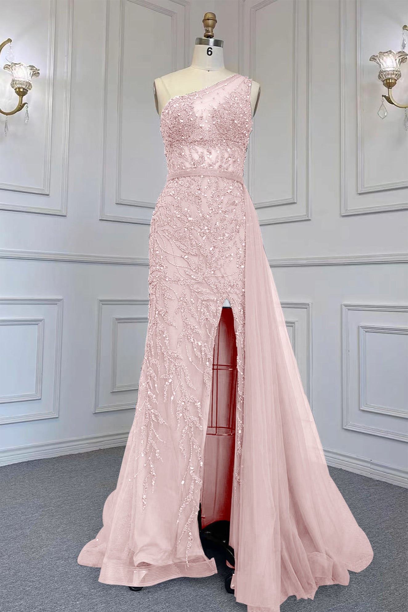 Gorgeous One Shoulder Beadings Tulle Evening Dress With Slit Rhinstone