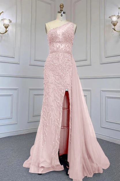 Gorgeous One Shoulder Beadings Tulle Evening Dress With Slit Rhinstone