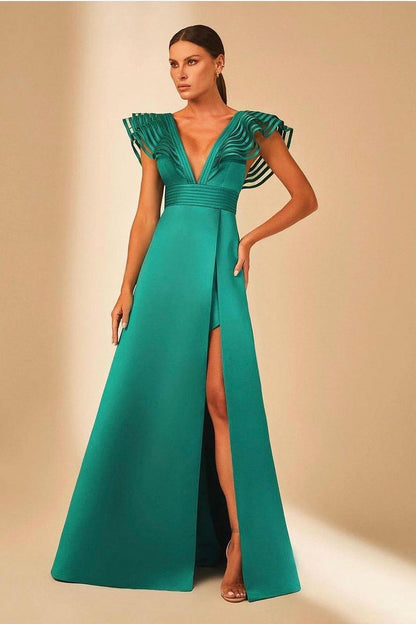 Charming Satin Spaghetti Strap Sleeveless V Neck Long Prom Dress with Split