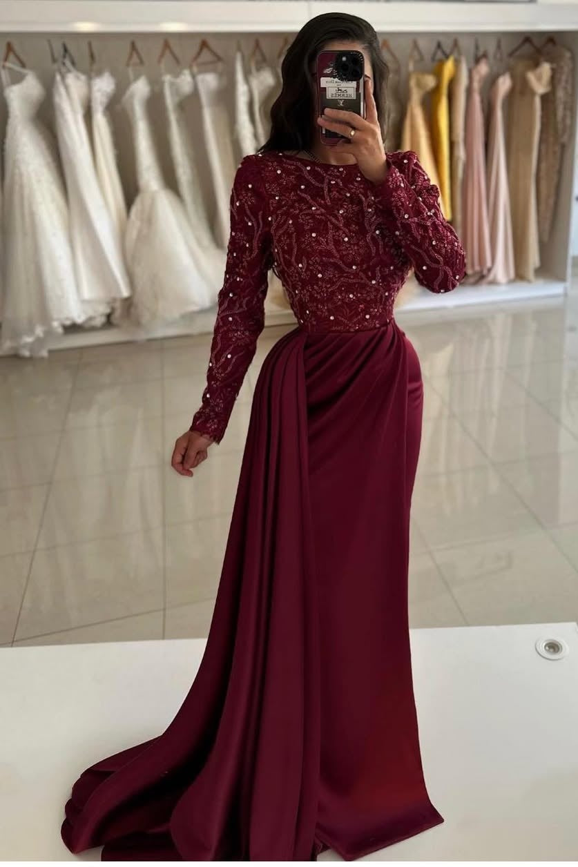 Exquisite Long Sleeves Beaded Mermaid Pleated Prom Dress With Tail