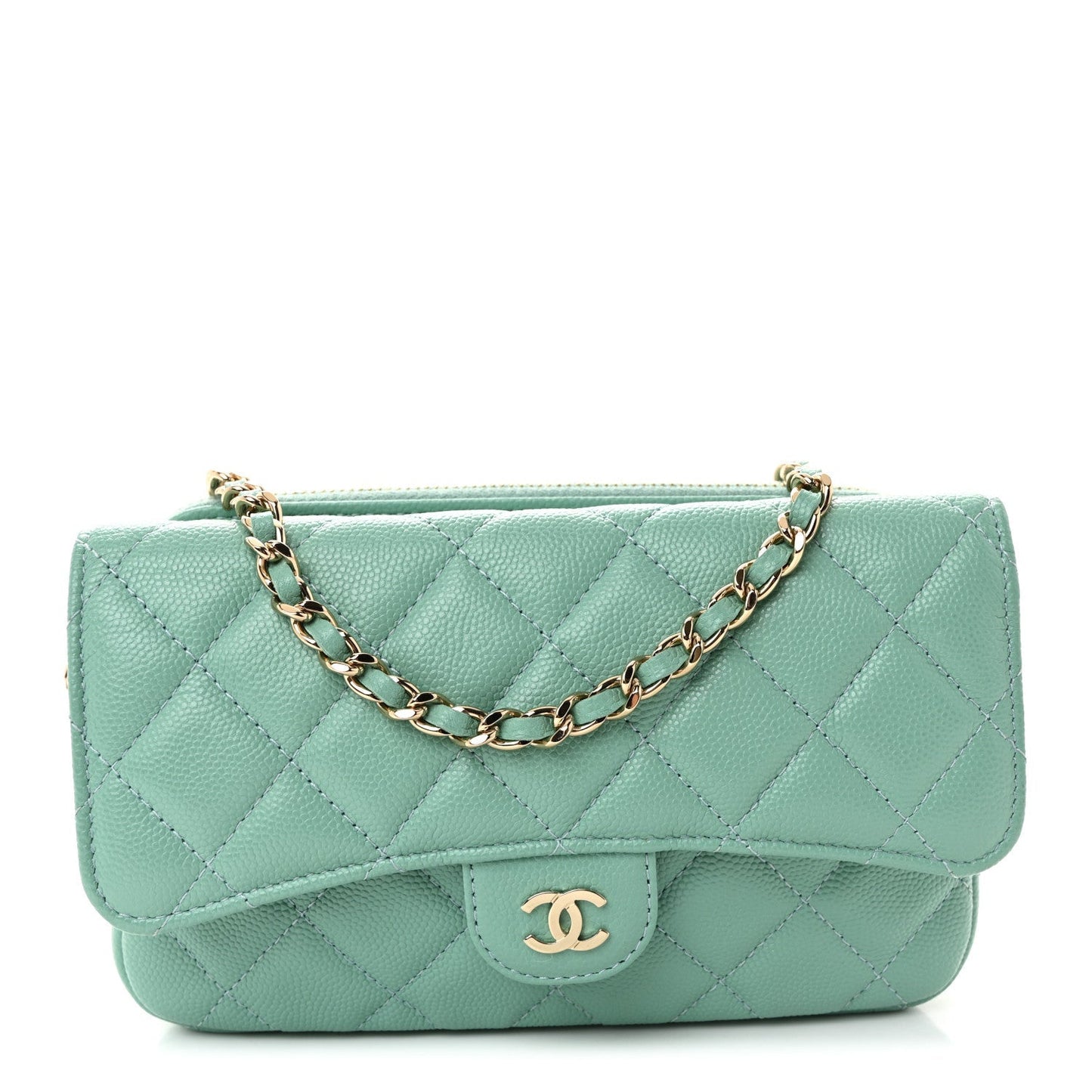Caviar Quilted Flap Phone Holder With Chain Turquoise