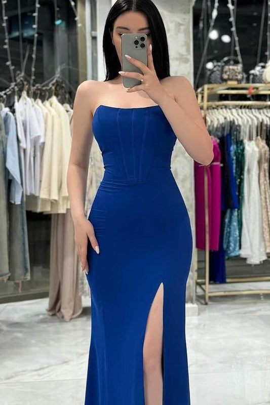 Simple Royal Blue Satin Strapless Sleeveless Long Prom Dress with High Split