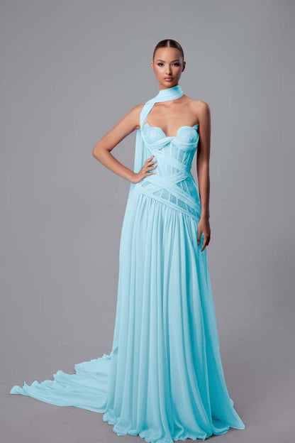 Stunning Fuchsia Chiffon Sleeveless Sweetheart Lace Prom Dress with Scarf