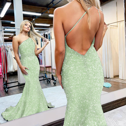 Royal Blue Mermaid One-Shoulder Prom Dress With Sequins
