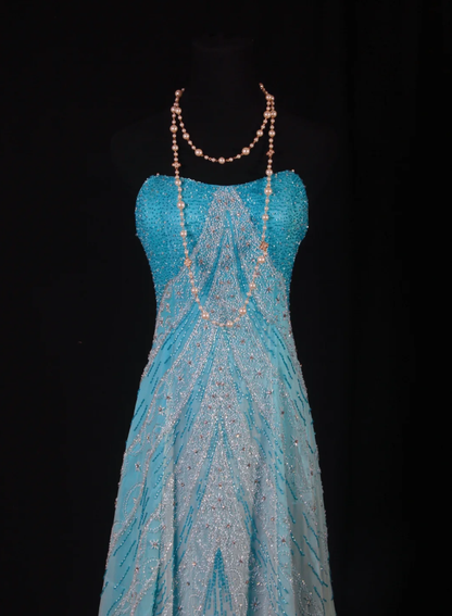 Dreamy Blue Strapless Chiffon Beaded Mermaid Long Birthday Party Dress Formal Prom Dresses D2238