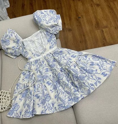 Chic Blue Satin Print Floral A Line Short Prom Dress Homecoming Dress D787