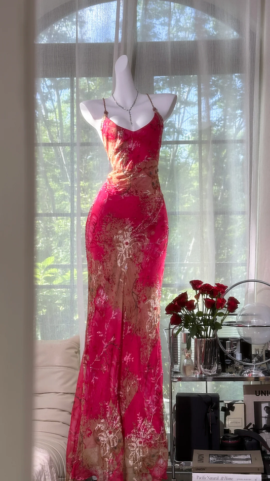 Pretty Spaghetti Straps Red Chiffon Printed Floral Beaded Mermaid Evening Dress Long Prom Gown D865
