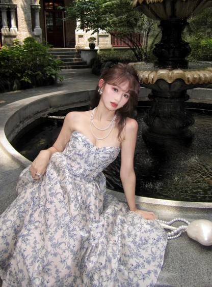 Blue A Line Sweetheart Neck Print Floral Satin Prom Dress 16th Birthday Dress SH3984