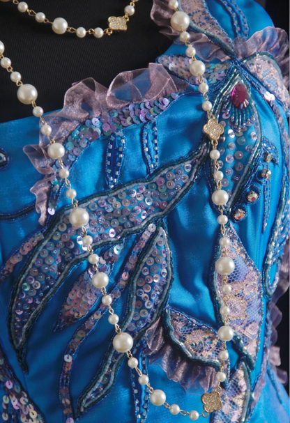 Unique Blue Green Strapless Satin Beaded Long Wedding Guest Dress Formal Birthday Party Dress Prom Gown D2001