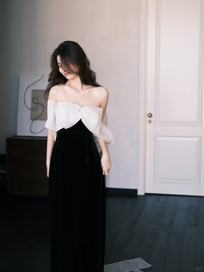 Cute A Line Off the Shoulder White Organza Black Velvet Long Prom Dress SH4583