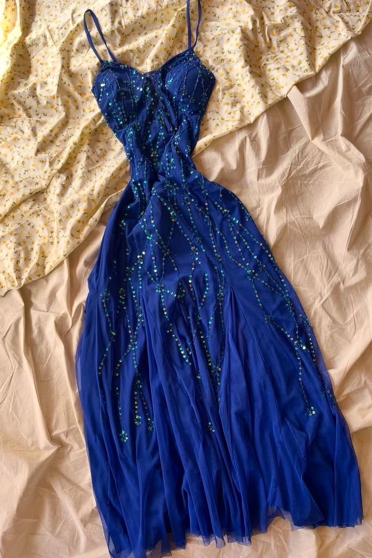 Chic Royal Blue Spaghetti Straps Chiffon Sequin Long Wedding Guest Dress Formal Prom Dress Party Dress D1909
