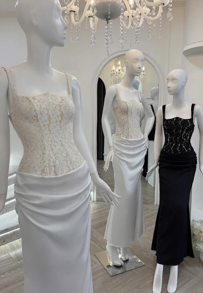 Sexy Mermaid Spaghetti Strap Lace Satin Long Prom Dress Evening Dress SH4668