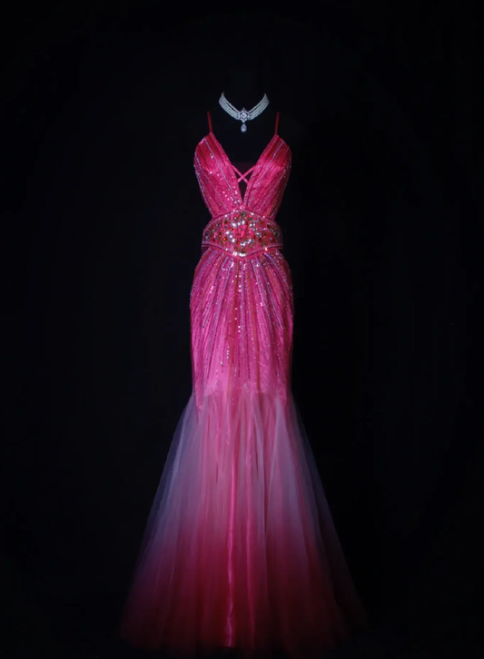 Gorgeous Spaghetti Straps Hot Pink V Neck Satin Tulle Beaded Mermaid Prom Dress Backless Long Evening Gown D2265
