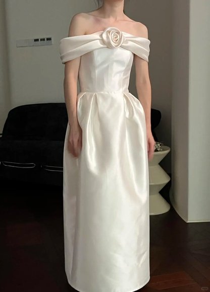 Cute A Line Off the Shoulder White Rose Satin Wedding Dress SH5078